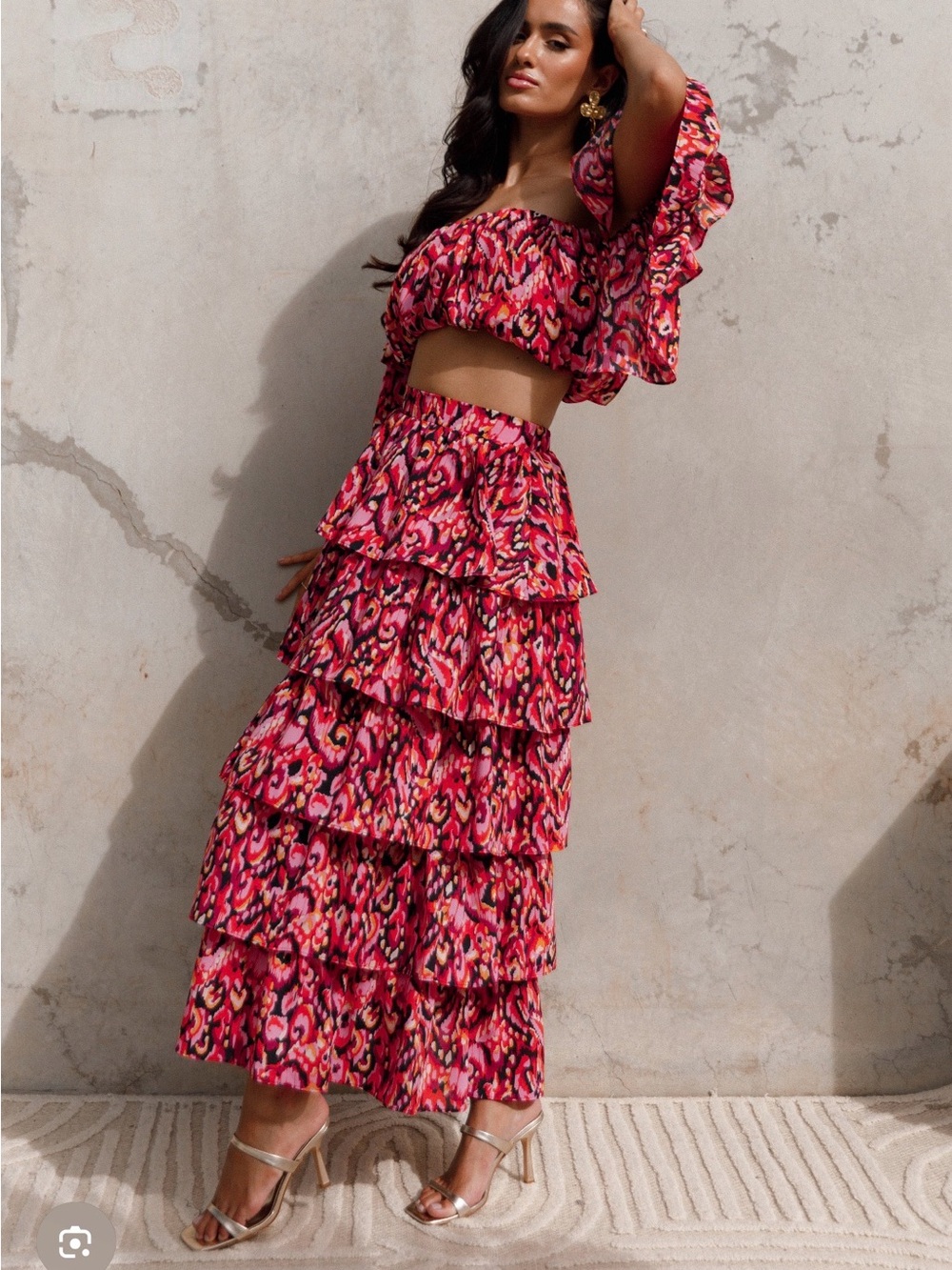 Tiered Pink Abstract Pattern Maxi Skirt - Women